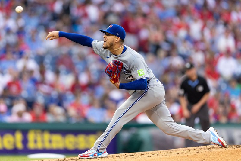 May 7, 2024; Philadelphia, Pennsylvania, USA; Toronto Blue Jays pitcher José Berríos (17) throws a pitch during the first inning against the Philadelphia Phillies at Citizens Bank Park. Mandatory Credit: Bill Streicher-USA TODAY Sports