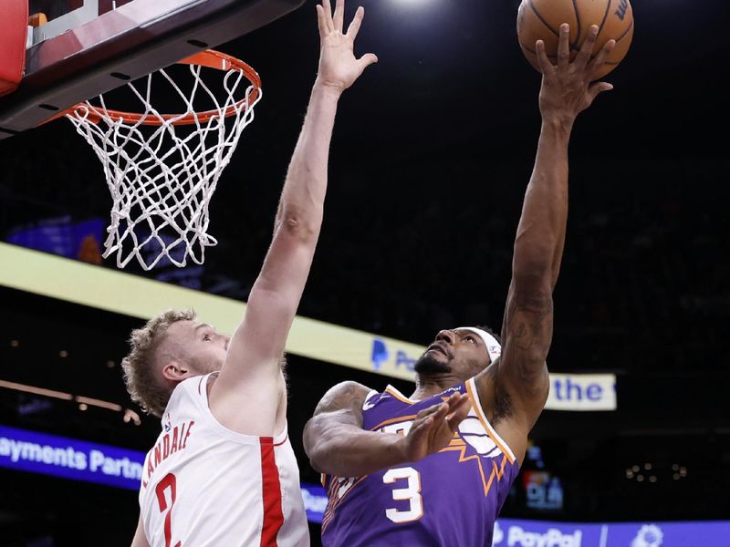 PHOENIX, ARIZONA - MARCH 02: Bradley Beal #3 of the Phoenix Suns attempts a shot over Jock Landale #2 of the Houston Rockets during the first half at Footprint Center on March 02, 2024 in Phoenix, Arizona. NOTE TO USER: User expressly acknowledges and agrees that, by downloading and or using this photograph, User is consenting to the terms and conditions of the Getty Images License Agreement.  (Photo by Chris Coduto/Getty Images)