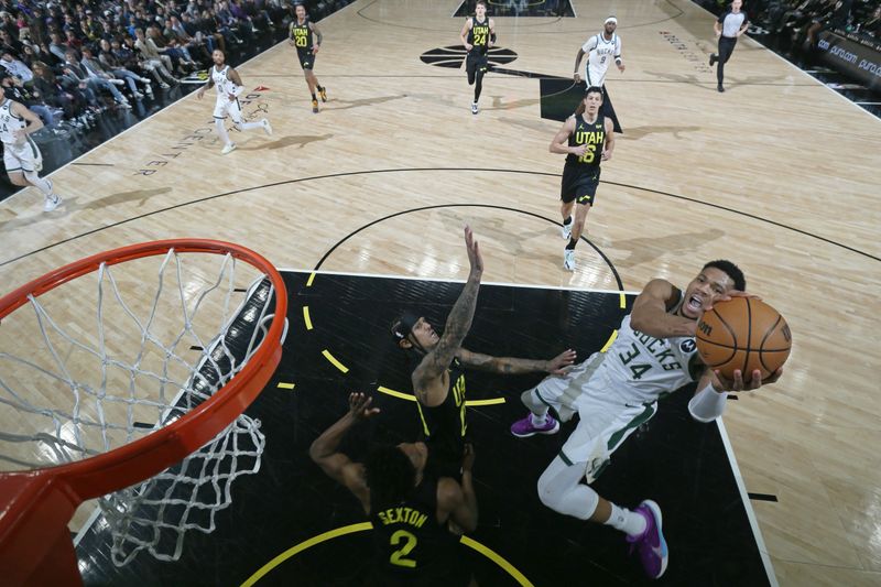 SALT LAKE CITY, UT - FEBRUARY 4: Giannis Antetokounmpo #34 of the Milwaukee Bucks drives to the basket during the game against the Utah Jazz on February 4, 2024 at Delta Center in Salt Lake City, Utah. NOTE TO USER: User expressly acknowledges and agrees that, by downloading and or using this Photograph, User is consenting to the terms and conditions of the Getty Images License Agreement. Mandatory Copyright Notice: Copyright 2024 NBAE (Photo by Melissa Majchrzak/NBAE via Getty Images)