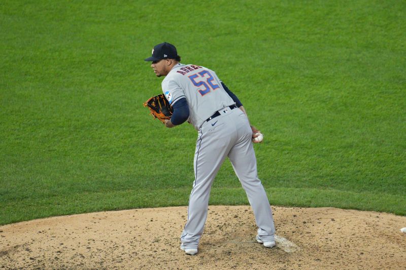 Oct 11, 2023; Minneapolis, Minnesota, USA; Houston Astros relief pitcher Bryan Abreu (52) pitches in the in the eighth inning against the Minnesota Twins during game four of the ALDS for the 2023 MLB playoffs at Target Field. Mandatory Credit: Matt Blewett-USA TODAY Sports