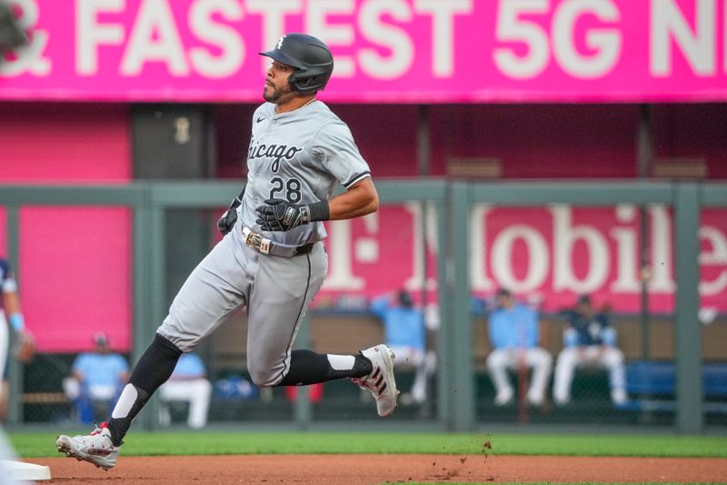 Jul 19, 2024; Kansas City, Missouri, USA; Chicago White Sox right fielder Tommy Pham (28) reaches second base on a double against the Kansas City Royals in the first inning at Kauffman Stadium. Mandatory Credit: Denny Medley-USA TODAY Sports