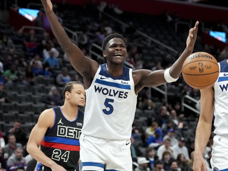 DETROIT, MICHIGAN - JANUARY 17: Anthony Edwards #5 of the Minnesota Timberwolves reacts against the Detroit Pistons during the first quarter at Little Caesars Arena on January 17, 2024 in Detroit, Michigan. NOTE TO USER: User expressly acknowledges and agrees that, by downloading and or using this photograph, User is consenting to the terms and conditions of the Getty Images License Agreement. (Photo by Nic Antaya/Getty Images)