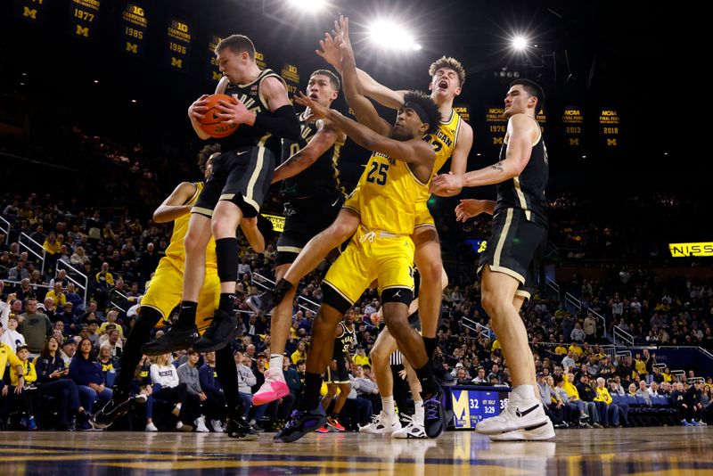 Feb 25, 2024; Ann Arbor, Michigan, USA;  Purdue Boilermakers guard Braden Smith (3) rebounds in the first half against the Michigan Wolverines at Crisler Center. Mandatory Credit: Rick Osentoski-USA TODAY Sports