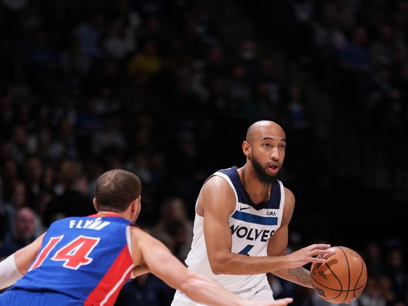 MINNEAPOLIS, MN -  MARCH 27:  Jordan McLaughlin #6 of the Minnesota Timberwolves handles the ball during the game against the Detroit Pistons on March 27, 2024 at Target Center in Minneapolis, Minnesota. NOTE TO USER: User expressly acknowledges and agrees that, by downloading and or using this Photograph, user is consenting to the terms and conditions of the Getty Images License Agreement. Mandatory Copyright Notice: Copyright 2024 NBAE (Photo by Jordan Johnson/NBAE via Getty Images)