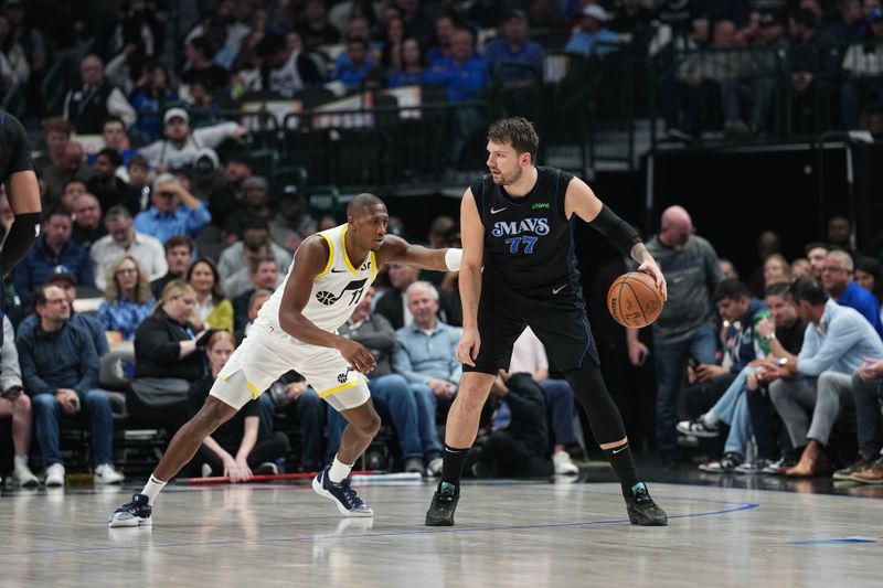 DALLAS, TX - MARCH 21: Luka Doncic #77 of the Dallas Mavericks dribbles the ball during the game against the Utah Jazz on March 21, 2024 at the American Airlines Center in Dallas, Texas. NOTE TO USER: User expressly acknowledges and agrees that, by downloading and or using this photograph, User is consenting to the terms and conditions of the Getty Images License Agreement. Mandatory Copyright Notice: Copyright 2024 NBAE (Photo by Glenn James/NBAE via Getty Images)