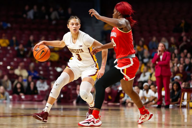 Jan 3, 2024; Minneapolis, Minnesota, USA; Minnesota Golden Gophers guard Amaya Battle (3) works around Maryland Terrapins guard Bri McDaniel (24) during the first half at Williams Arena. Mandatory Credit: Matt Krohn-USA TODAY Sports