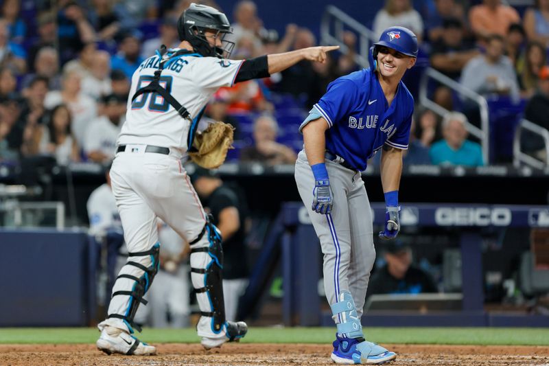 Jun 19, 2023; Miami, Florida, USA; Toronto Blue Jays designated hitter Spencer Horwitz (48) reacts after striking out against the Miami Marlins during the fourth inning at loanDepot Park. Mandatory Credit: Sam Navarro-USA TODAY Sports