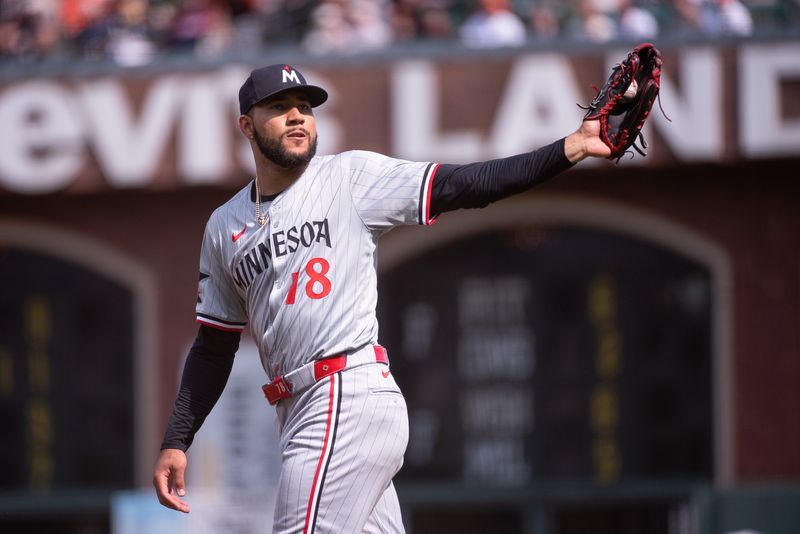 Jul 13, 2024; San Francisco, California, USA; Minnesota Twins pitcher Simeon Woods Richardson (78) returns to the mound during the first inning of the game against the San Francisco Giants at Oracle Park. Mandatory Credit: Ed Szczepanski-USA TODAY Sports