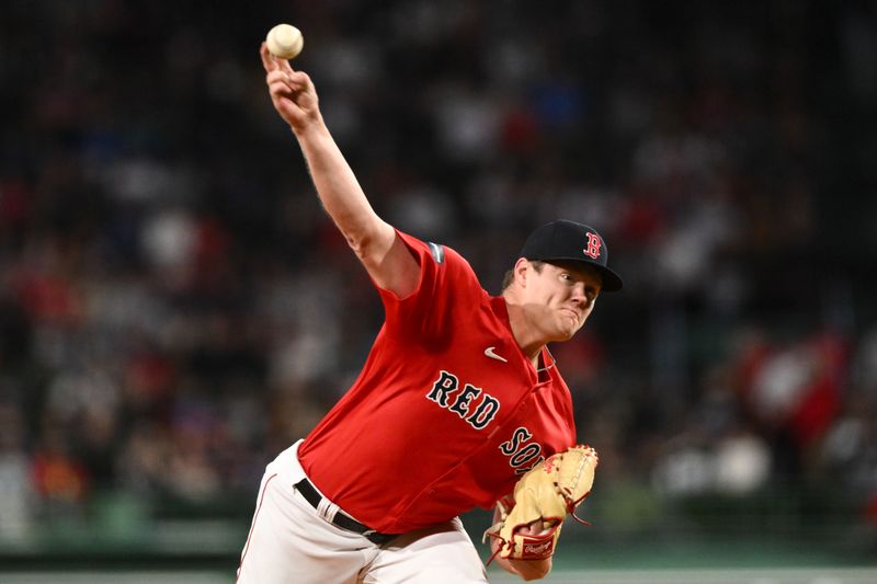 Sep 20, 2024; Boston, Massachusetts, USA; Boston Red Sox starting pitcher Richard Fitts (80) pitches against the Minnesota Twins during the first inning at Fenway Park. Mandatory Credit: Brian Fluharty-Imagn Images