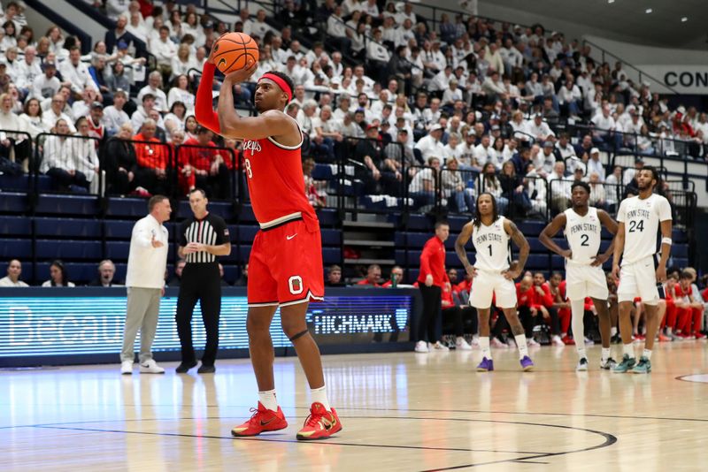 Jan 30, 2025; University Park, Pennsylvania, USA; Ohio State Buckeyes guard Micah Parrish (8) shoots a set of free throws after a technical foul was called on Penn State Nittany Lions forward Zach Hicks (24) during the first half at Rec Hall. Ohio State defeated Penn State 83-64. Mandatory Credit: Matthew O'Haren-Imagn Images
