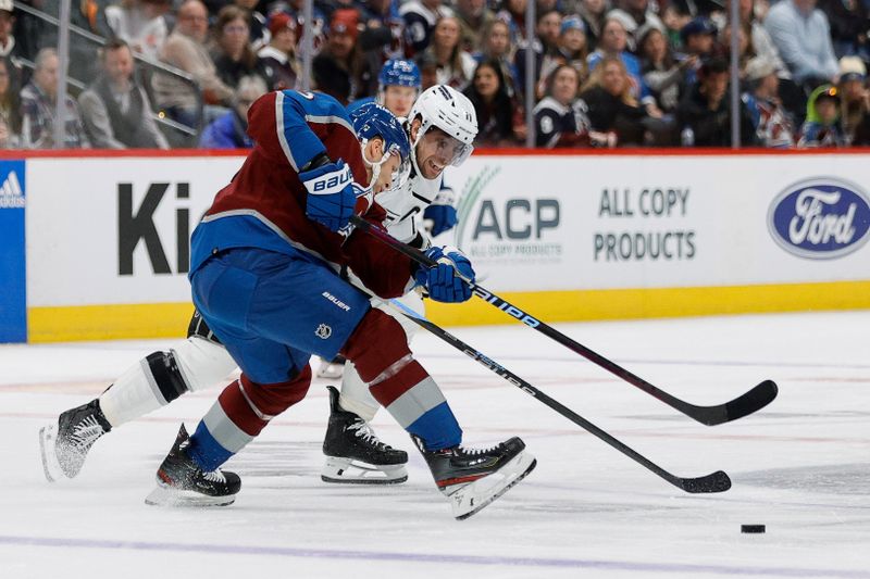 Jan 26, 2024; Denver, Colorado, USA; Colorado Avalanche defenseman Jack Johnson (3) and Los Angeles Kings center Anze Kopitar (11) battle for the puck in the third period at Ball Arena. Mandatory Credit: Isaiah J. Downing-USA TODAY Sports