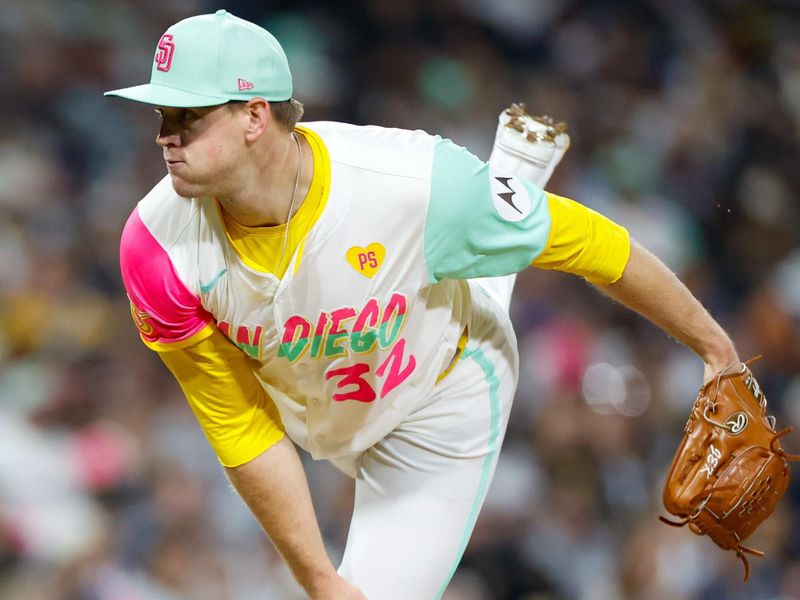 May 24, 2024; San Diego, California, USA; San Diego Padres relief pitcher Stephen Kolek (32) throws a pitch during the sixth inning against the New York Yankees at Petco Park at Petco Park. Mandatory Credit: David Frerker-USA TODAY Sports