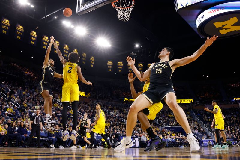 Feb 25, 2024; Ann Arbor, Michigan, USA;  Purdue Boilermakers forward Trey Kaufman-Renn (4) shoots on Michigan Wolverines forward Tray Jackson (2) in the second half at Crisler Center. Mandatory Credit: Rick Osentoski-USA TODAY Sports