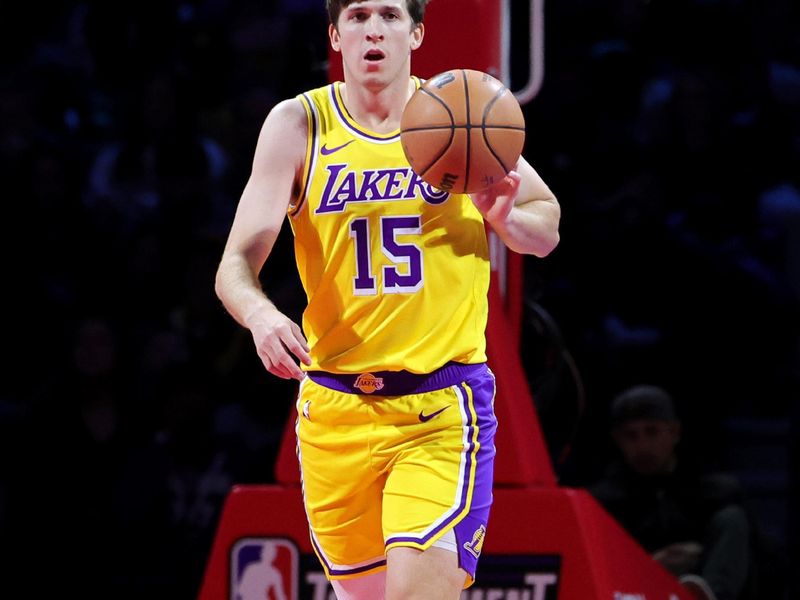 LAS VEGAS, NEVADA - DECEMBER 09: Austin Reaves #15 of the Los Angeles Lakers brings the ball up the court against the Indiana Pacers in the second quarter of the championship game of the inaugural NBA In-Season Tournament at T-Mobile Arena on December 09, 2023 in Las Vegas, Nevada. The Lakers defeated the Pacers 123-109. NOTE TO USER: User expressly acknowledges and agrees that, by downloading and or using this photograph, User is consenting to the terms and conditions of the Getty Images License Agreement. (Photo by Ethan Miller/Getty Images)