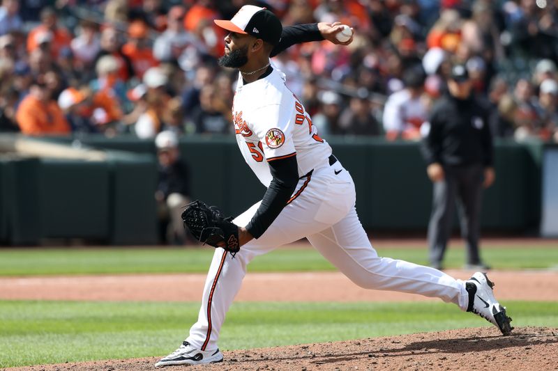 Apr 13, 2025; Baltimore, Maryland, USA; Baltimore Orioles pitcher Seranthony Domínguez (56) throws the ball during the sixth inning against the Toronto Blue Jays at Oriole Park at Camden Yards. Mandatory Credit: Daniel Kucin Jr.-Imagn Images