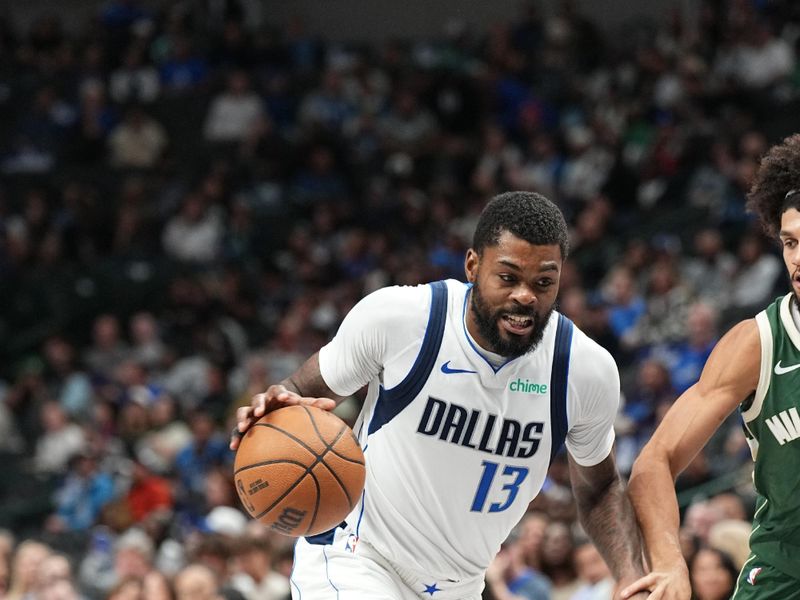 DALLAS, TX - OCTOBER 17: Naji Marshall #13 of the Dallas Mavericks dribbles the ball during the game against the Milwaukee Bucks during a NBA preseason game on October 17, 2024 at American Airlines Center in Dallas, Texas. NOTE TO USER: User expressly acknowledges and agrees that, by downloading and or using this photograph, User is consenting to the terms and conditions of the Getty Images License Agreement. Mandatory Copyright Notice: Copyright 2024 NBAE (Photo by Glenn James/NBAE via Getty Images)