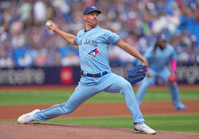 Aug 30, 2023; Toronto, Ontario, CAN; Toronto Blue Jays starting pitcher Chris Bassitt (40) throws a pitch against the Washington Nationals during the first inning at Rogers Centre. Mandatory Credit: Nick Turchiaro-USA TODAY Sports