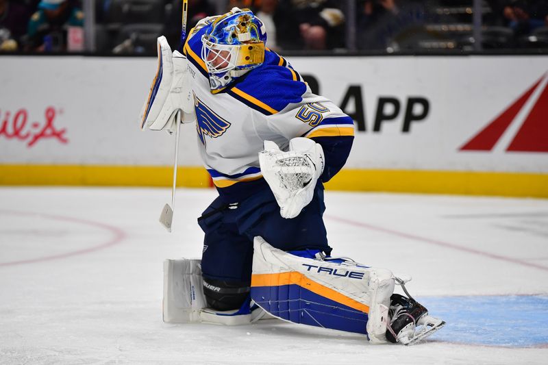 Apr 7, 2024; Anaheim, California, USA; St. Louis Blues goaltender Jordan Binnington (50) defends the goal against the Anaheim Ducks during the second period at Honda Center. Mandatory Credit: Gary A. Vasquez-USA TODAY Sports