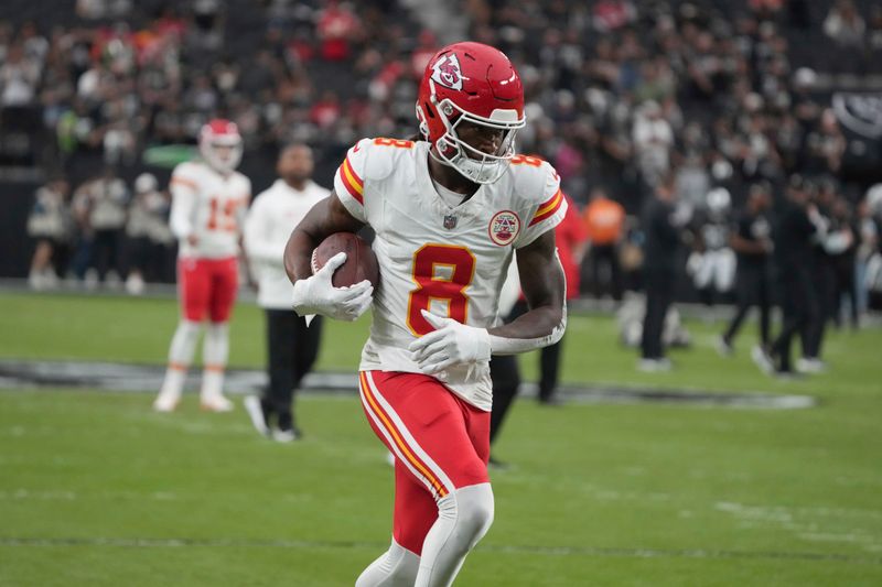 Kansas City Chiefs wide receiver Justyn Ross warms up before an NFL football game between the Kansas City Chiefs and Las Vegas Raiders Sunday, Oct. 27, 2024, in Las Vegas. (AP Photo/Rick Scuteri)