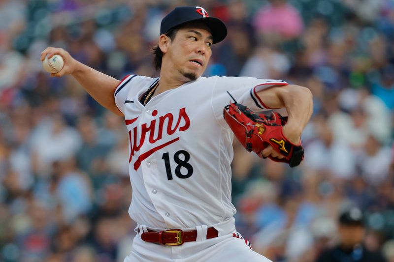 Aug 5, 2023; Minneapolis, Minnesota, USA; Minnesota Twins starting pitcher Kenta Maeda (18) throws to the Arizona Diamondbacks in the second inning at Target Field. Mandatory Credit: Bruce Kluckhohn-USA TODAY Sports