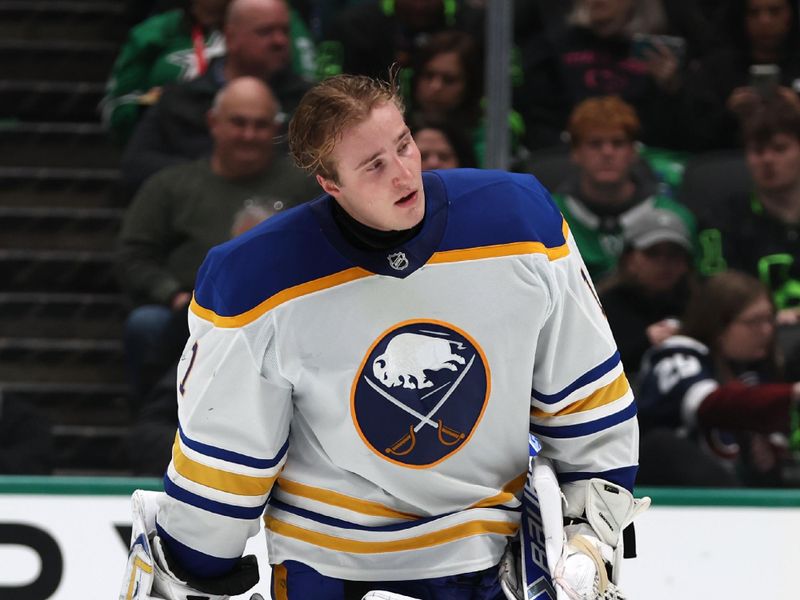 Dec 31, 2024; Dallas, Texas, USA; Buffalo Sabres goaltender Ukko-Pekka Luukkonen (1) skates on the ice during a timeout in the game against the Dallas Stars  at American Airlines Center. Mandatory credit: Tim Heitman-Imagn Images