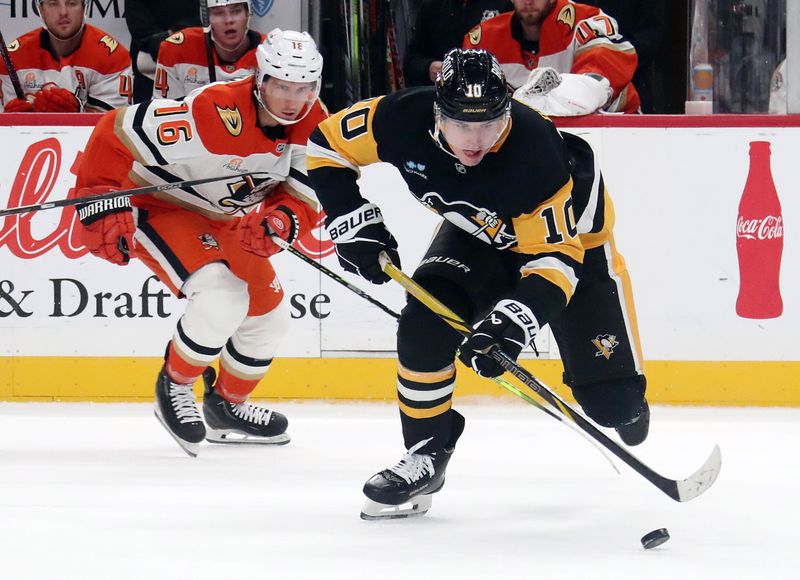 Oct 31, 2024; Pittsburgh, Pennsylvania, USA;  Pittsburgh Penguins left wing Drew O'Connor (10) moves the puck ahead of Anaheim Ducks center Ryan Strome (16) during the first period at PPG Paints Arena. Mandatory Credit: Charles LeClaire-Imagn Images