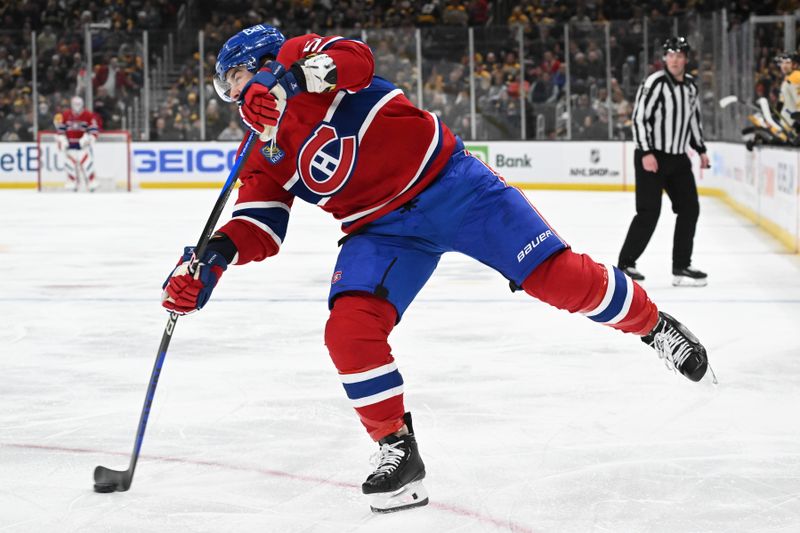 Jan 20, 2024; Boston, Massachusetts, USA; Montreal Canadiens defenseman David Savard (58) takes a shot against the Boston Bruins during the second period at the TD Garden. Mandatory Credit: Brian Fluharty-USA TODAY Sports