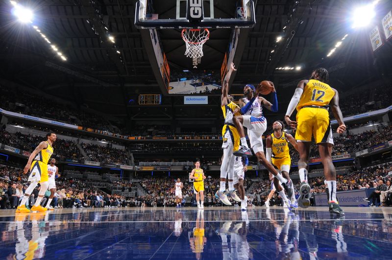 INDIANAPOLIS, IN - MARCH 18: Jalen McDaniels #7 of the Philadelphia 76ers drives to the basket during the game against the Indiana Pacers on March 18, 2023 at Gainbridge Fieldhouse in Indianapolis, Indiana. NOTE TO USER: User expressly acknowledges and agrees that, by downloading and or using this Photograph, user is consenting to the terms and conditions of the Getty Images License Agreement. Mandatory Copyright Notice: Copyright 2023 NBAE (Photo by Ron Hoskins/NBAE via Getty Images)