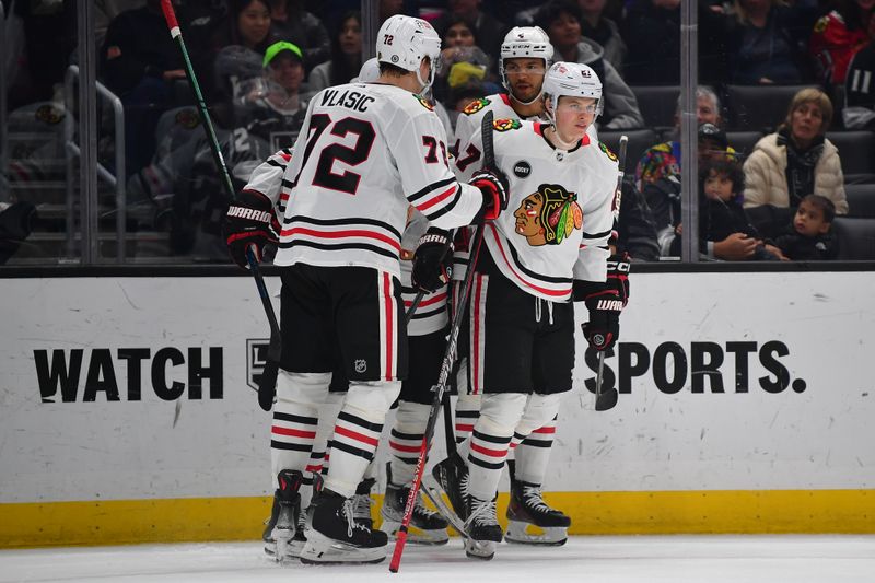 Apr 18, 2024; Los Angeles, California, USA; Chicago Blackhawks left wing Lukas Reichel (27) celebrates his goal scored against the Los Angeles Kings during the first period at Crypto.com Arena. Mandatory Credit: Gary A. Vasquez-USA TODAY Sports