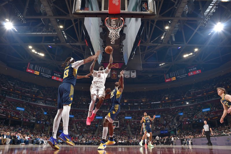 CLEVELAND, OH - APRIL 13: Javonte Green #8 of the Cleveland Cavaliers drives to the basket during the game against the Indiana Pacers on April 13, 2025 at Rocket Arena in Cleveland, Ohio. NOTE TO USER: User expressly acknowledges and agrees that, by downloading and/or using this Photograph, user is consenting to the terms and conditions of the Getty Images License Agreement. Mandatory Copyright Notice: Copyright 2025 NBAE (Photo by David Liam Kyle/NBAE via Getty Images)