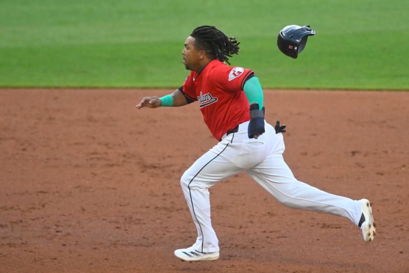 Aug 13, 2024; Cleveland, Ohio, USA; Cleveland Guardians third baseman Jose Ramirez (11) runs the bases in the third inning against the Chicago Cubs at Progressive Field. Mandatory Credit: David Richard-USA TODAY Sports