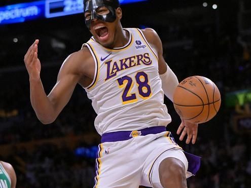 LOS ANGELES, CALIFORNIA - DECEMBER 25: Rui Hachimura #28 of the Los Angeles Lakers reacts after a dunk against the Boston Celtics at Crypto.com Arena on December 25, 2023 in Los Angeles, California. NOTE TO USER: User expressly acknowledges and agrees that, by downloading and or using this photograph, User is consenting to the terms and conditions of the Getty Images License Agreement.(Photo by Jayne Kamin-Oncea/Getty Images)