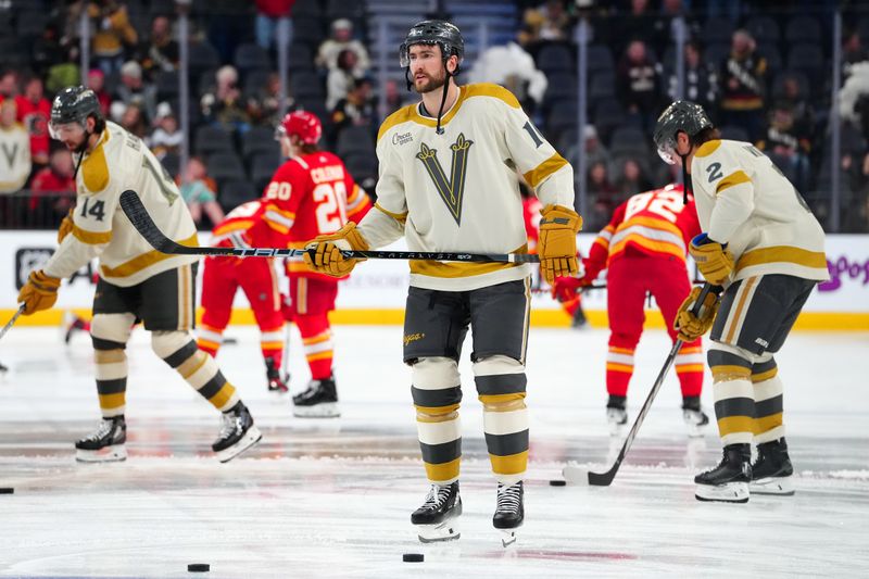 Jan 13, 2024; Las Vegas, Nevada, USA; Vegas Golden Knights center Nicolas Roy (10) warms up before a game against the Calgary Flames at T-Mobile Arena. Mandatory Credit: Stephen R. Sylvanie-USA TODAY Sports