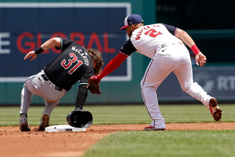 Jun 20, 2024; Washington, District of Columbia, USA; Arizona Diamondbacks outfielder Jake McCarthy (31) steals second base ahead of a tag by Washington Nationals second base Luis García Jr. (2) during the second inning at Nationals Park. Mandatory Credit: Geoff Burke-USA TODAY Sports