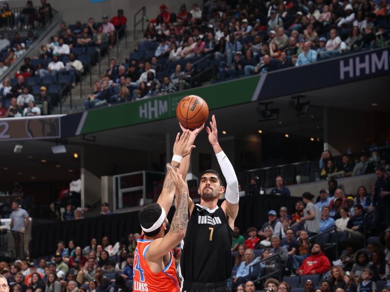 MEMPHIS, TN - MARCH 16: Santi Aldama #7 of the Memphis Grizzlies shoots the ball during the game against the Oklahoma City Thunder on March 16, 2024 at FedExForum in Memphis, Tennessee. NOTE TO USER: User expressly acknowledges and agrees that, by downloading and or using this photograph, User is consenting to the terms and conditions of the Getty Images License Agreement. Mandatory Copyright Notice: Copyright 2024 NBAE (Photo by Joe Murphy/NBAE via Getty Images)