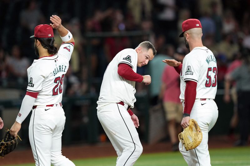 Jun 13, 2024; Phoenix, Arizona, USA; Arizona Diamondbacks designated hitter Joc Pederson (3) celebrates with teammates after defeating the Los Angeles Angels at Chase Field. Mandatory Credit: Joe Camporeale-USA TODAY Sports