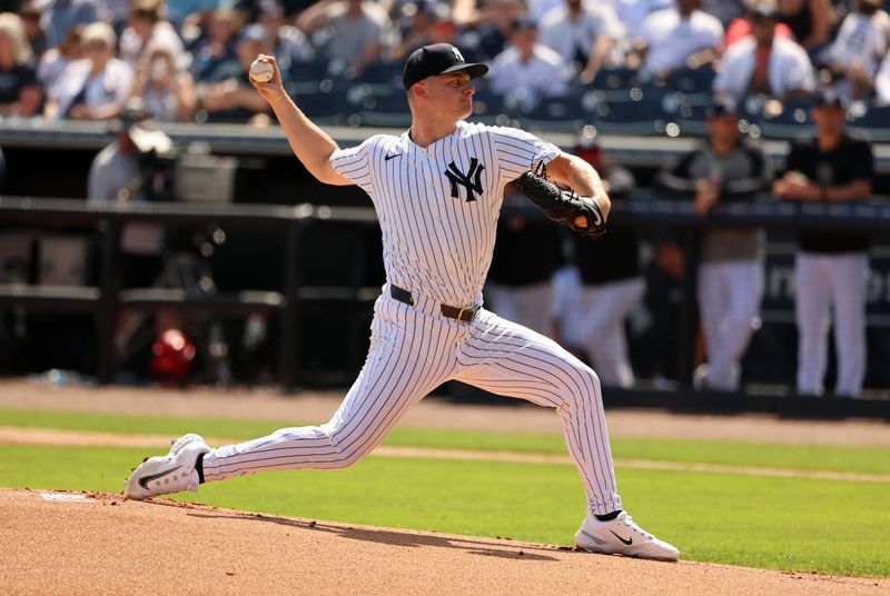 Mar 10, 2024; Tampa, Florida, USA; New York Yankees starting pitcher Clarke Schmidt (36) throws a pitch during the first inning against the Atlanta Braves during the first inning at George M. Steinbrenner Field. Mandatory Credit: Kim Klement Neitzel-USA TODAY Sports