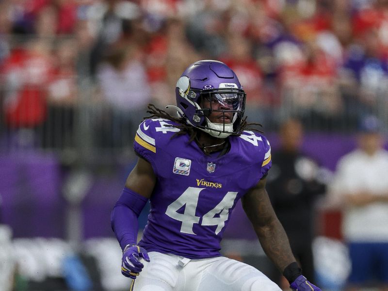 Minnesota Vikings safety Josh Metellus (44) in action against the Kansas City Chiefs during the first half of an NFL football game Sunday, Oct. 8, 2023 in Minneapolis. (AP Photo/Stacy Bengs)