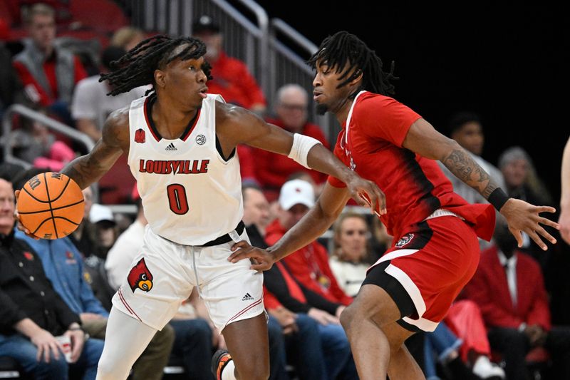 Jan 13, 2024; Louisville, Kentucky, USA;  Louisville Cardinals guard Mike James (0) dribbles the ball against North Carolina State Wolfpack guard Jayden Taylor (1) during the first half at KFC Yum! Center. Mandatory Credit: Jamie Rhodes-USA TODAY Sports