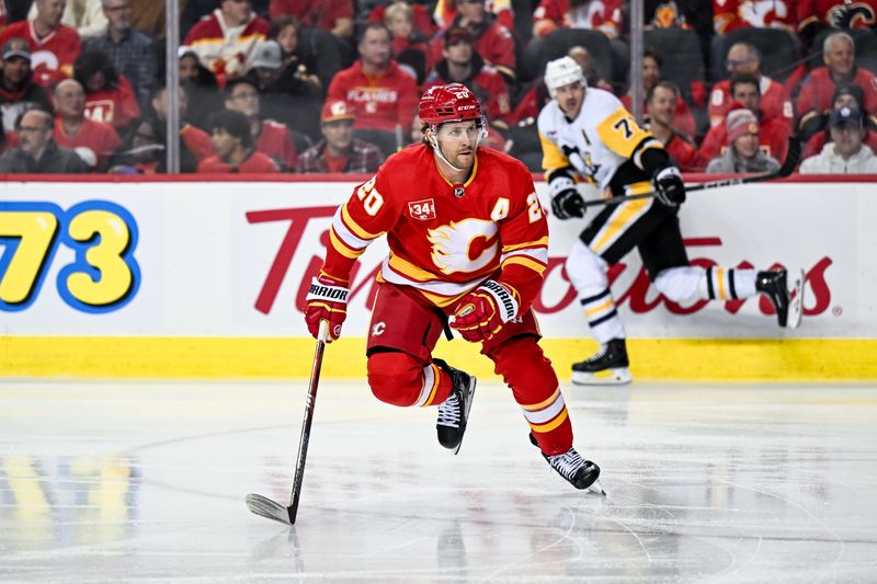 Mar 2, 2024; Calgary, Alberta, CAN; Calgary Flames center Blake Coleman (20) in action against the Pittsburgh Penguins during the first period at Scotiabank Saddledome. Mandatory Credit: Brett Holmes-USA TODAY Sports