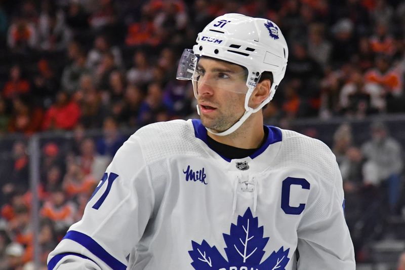 Mar 19, 2024; Philadelphia, Pennsylvania, USA;Toronto Maple Leafs center John Tavares (91) against the Philadelphia Flyers during the first period at Wells Fargo Center. Mandatory Credit: Eric Hartline-USA TODAY Sports