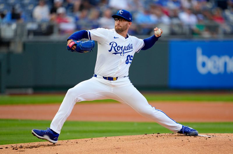 May 28, 2025; Kansas City, Missouri, USA; Kansas City Royals starting pitcher Noah Cameron (65) pitches during the first inning against the Cincinnati Reds at Kauffman Stadium. Mandatory Credit: Jay Biggerstaff-Imagn Images