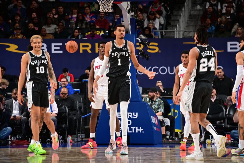 DETROIT, MI - JANUARY 10: Victor Wembanyama #1 of the San Antonio Spurs reacts during the game against the Detroit Pistons on January 10, 2024 at Little Caesars Arena in Detroit, Michigan. NOTE TO USER: User expressly acknowledges and agrees that, by downloading and/or using this photograph, User is consenting to the terms and conditions of the Getty Images License Agreement. Mandatory Copyright Notice: Copyright 2024 NBAE (Photo by Chris Schwegler/NBAE via Getty Images)