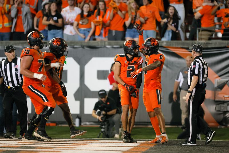 Oct 15, 2022; Corvallis, Oregon, USA; Oregon State Beavers wide receiver Anthony Gould (2) celebrates with teammates after scoring a touchdown during the second half Washington State Cougars at Reser Stadium. Mandatory Credit: Soobum Im-USA TODAY Sports