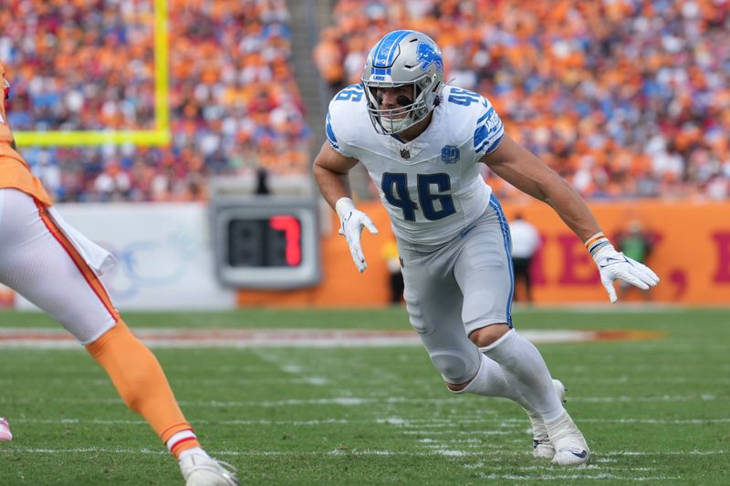 Detroit Lions linebacker Jack Campbell (46) rushes the passer during an NFL football game against the Tampa Bay Buccaneers, Sunday, Oct. 15 2023, in Tampa, Fla. (AP Photo/Peter Joneleit)