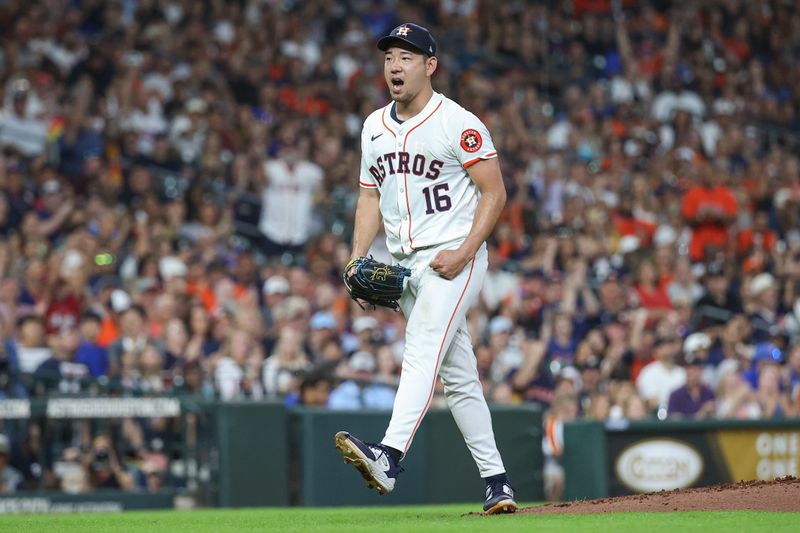Aug 31, 2024; Houston, Texas, USA; Houston Astros starting pitcher Yusei Kikuchi (16) reacts after a play during the sixth inning against the Kansas City Royals at Minute Maid Park. Mandatory Credit: Troy Taormina-USA TODAY Sports