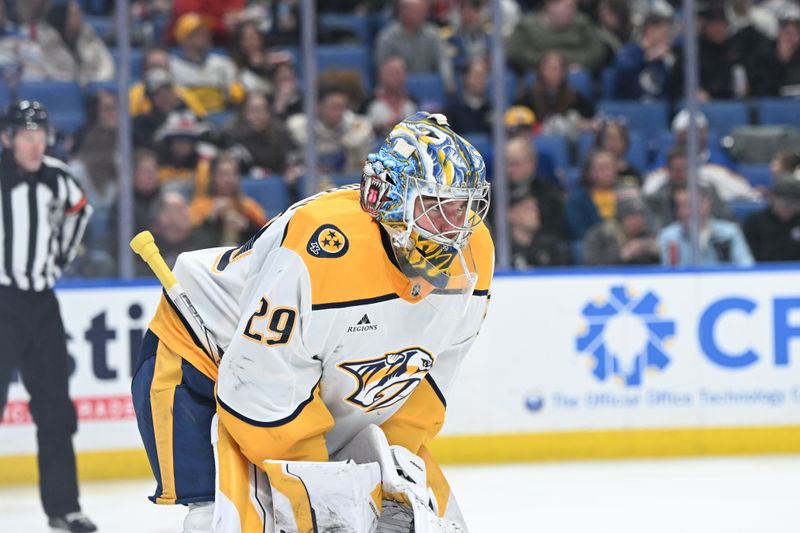 Jan 31, 2025; Buffalo, New York, USA; Nashville Predators goaltender Justus Annunen (29) watches a faceoff against the Buffalo Sabres in the second period at the KeyBank Center. Mandatory Credit: Mark Konezny-Imagn Images