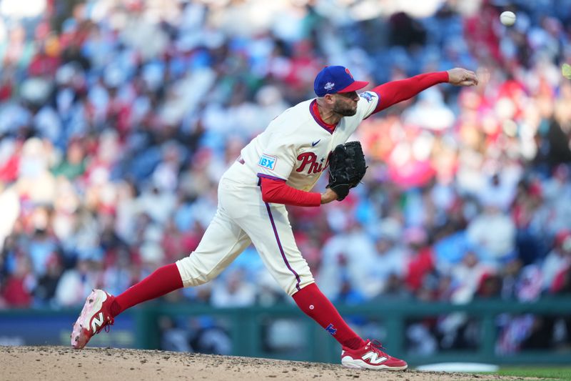 Mar 28, 2026; Philadelphia, Pennsylvania, USA; Philadelphia Phillies relief pitcher Tim Mayza (37) throws a pitch against the Texas Rangers in the eighth inning at Citizens Bank Park. Mandatory Credit: Kyle Ross-Imagn Images