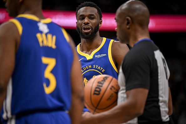 DENVER, CO - DECEMBER 25: Andrew Wiggins (22) of the Golden State Warriors argues a call during the fourth quarter of the Denver Nuggets' 120-114 win at Ball Arena in Denver on Monday, December 25, 2023. (Photo by AAron Ontiveroz/The Denver Post)