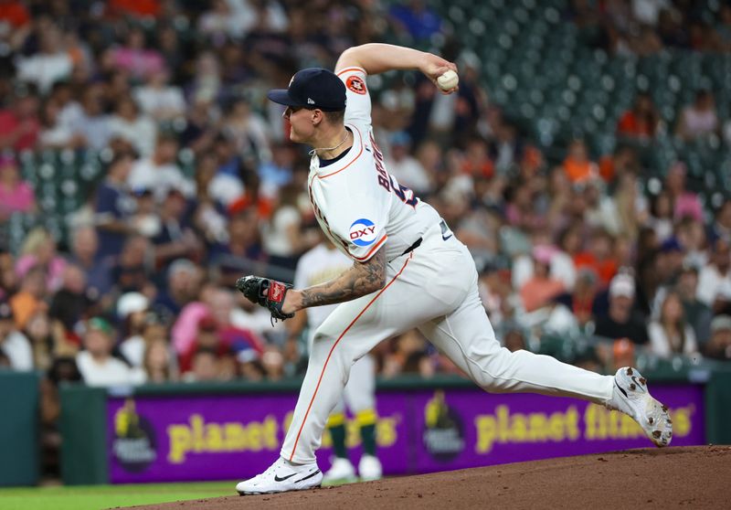 May 27, 2025; Houston, Texas, USA;Houston Astros starting pitcher Hunter Brown (58) pitches against the Athletics in the first inning at Daikin Park. Mandatory Credit: Thomas Shea-Imagn Images